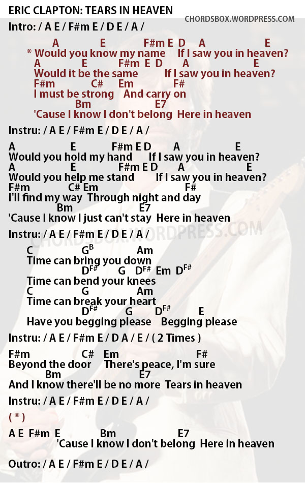 Song lyrics with guitar chords for Tears In Heaven - Eric Clapton  Guitar  acoustic songs, Guitar chords and lyrics, Easy guitar songs